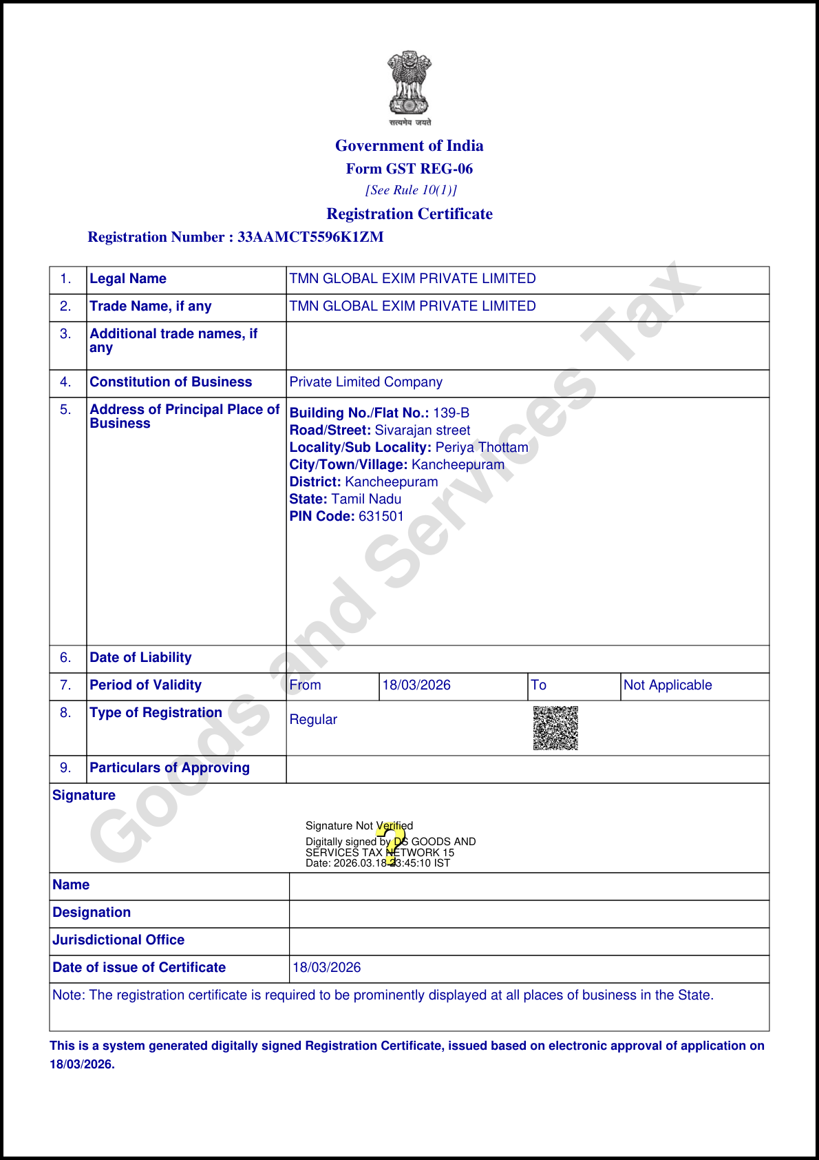 GST Registration Certificate Preview